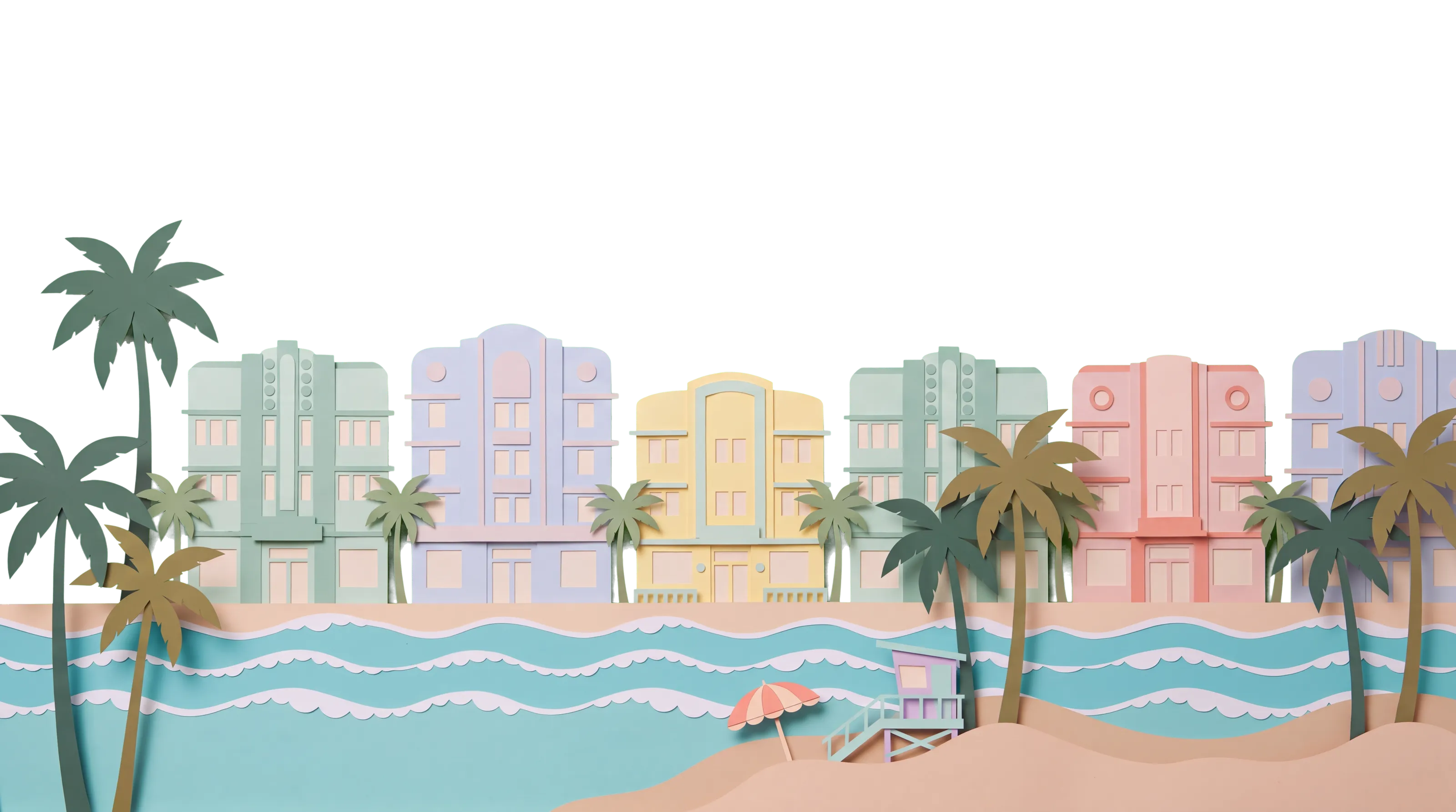 Cut-paper Miami Beach: pastel Art Deco hotels behind palm trees, with waves and sand in front.