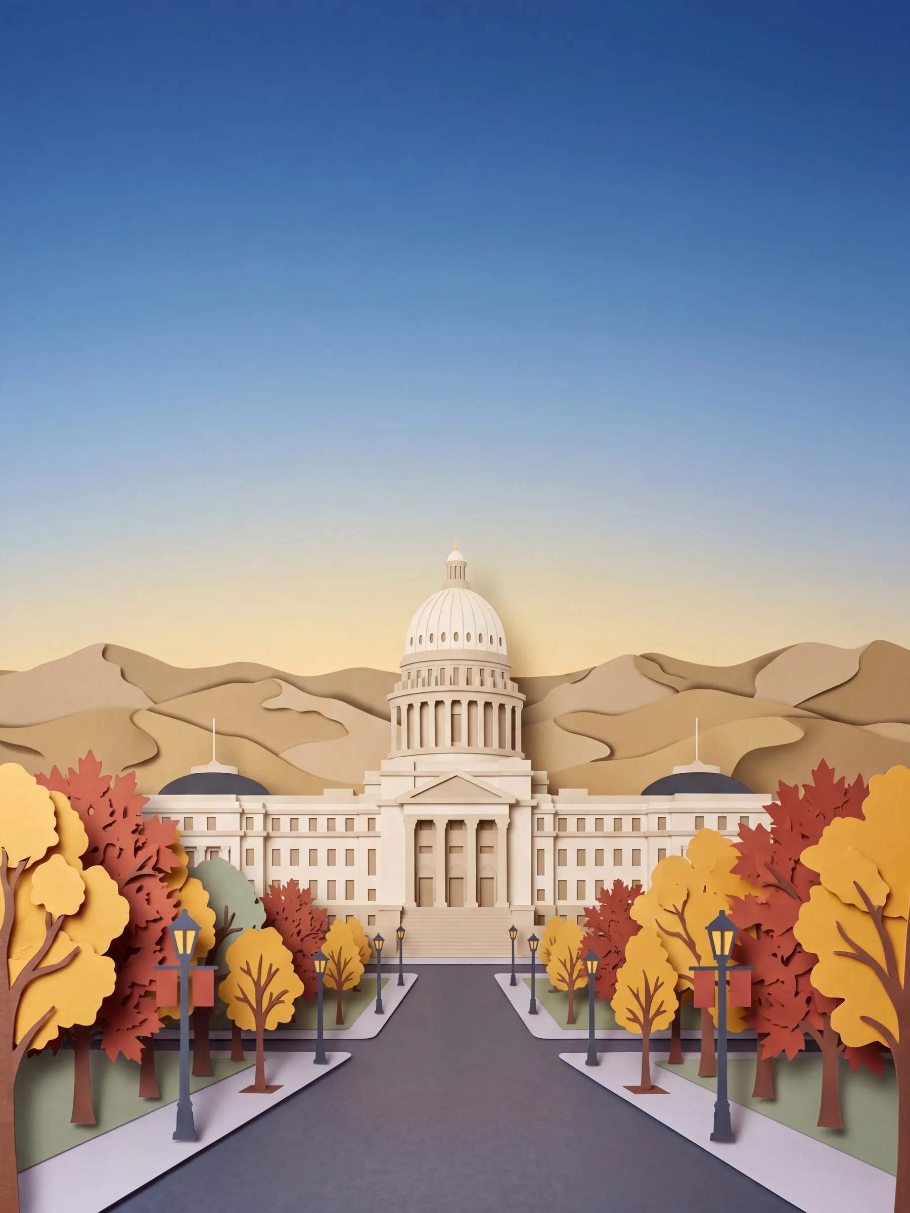 Cut-paper Boise: the domed Idaho State Capitol at the end of a street lined with golden and red fall trees, foothills behind.