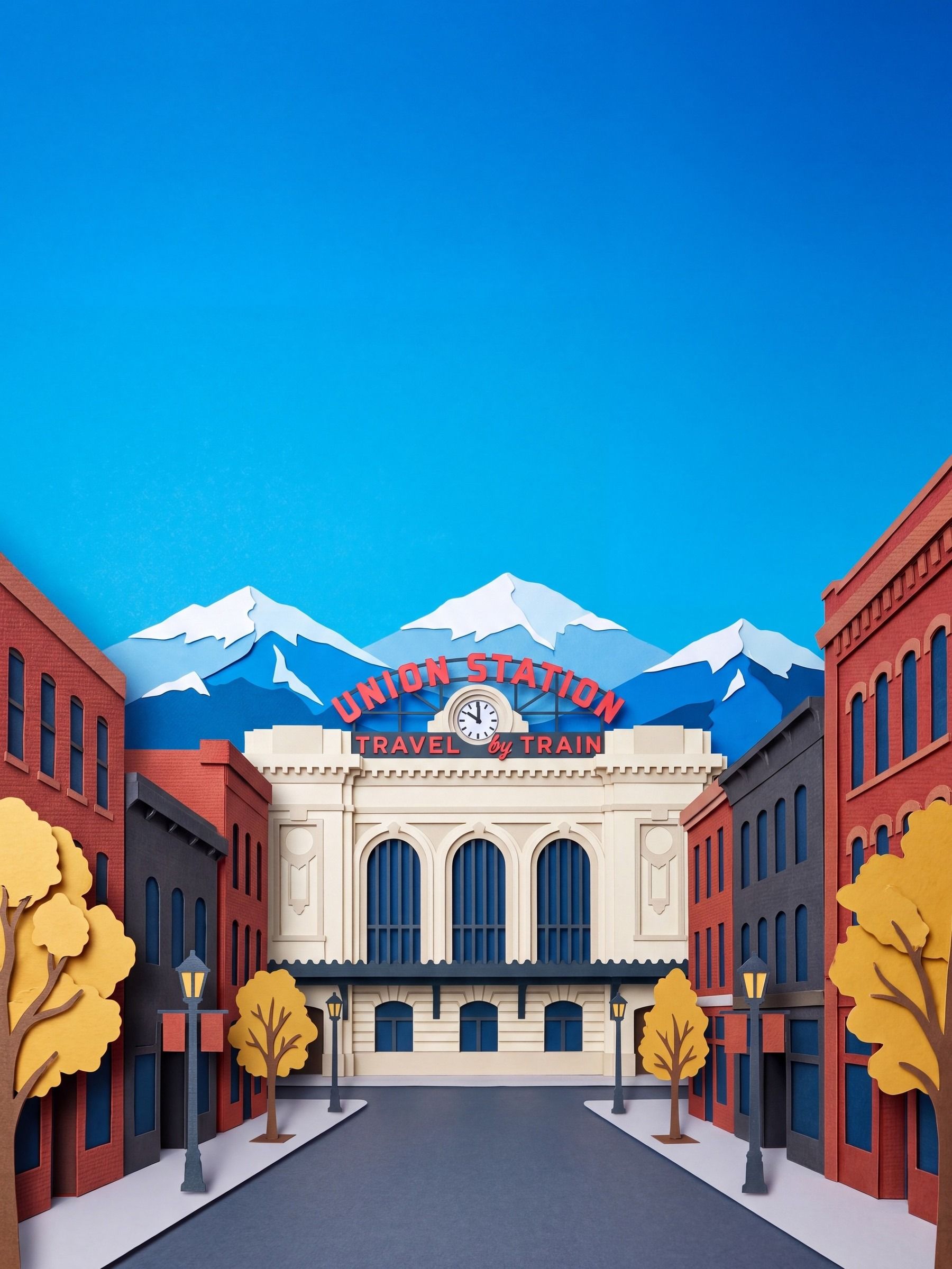 Cut-paper Denver Union Station under a blue sky, with the Rocky Mountains behind it.