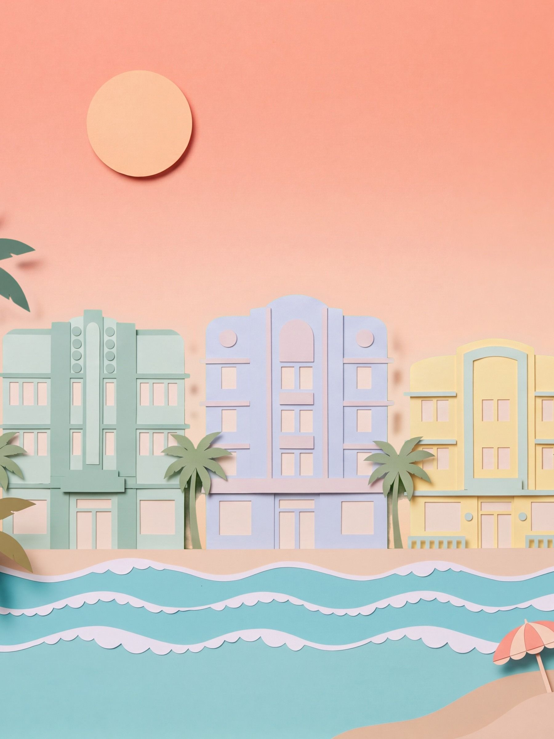 Cut-paper Miami Beach: pastel Art Deco hotels, palm trees and turquoise waves under a coral sky.