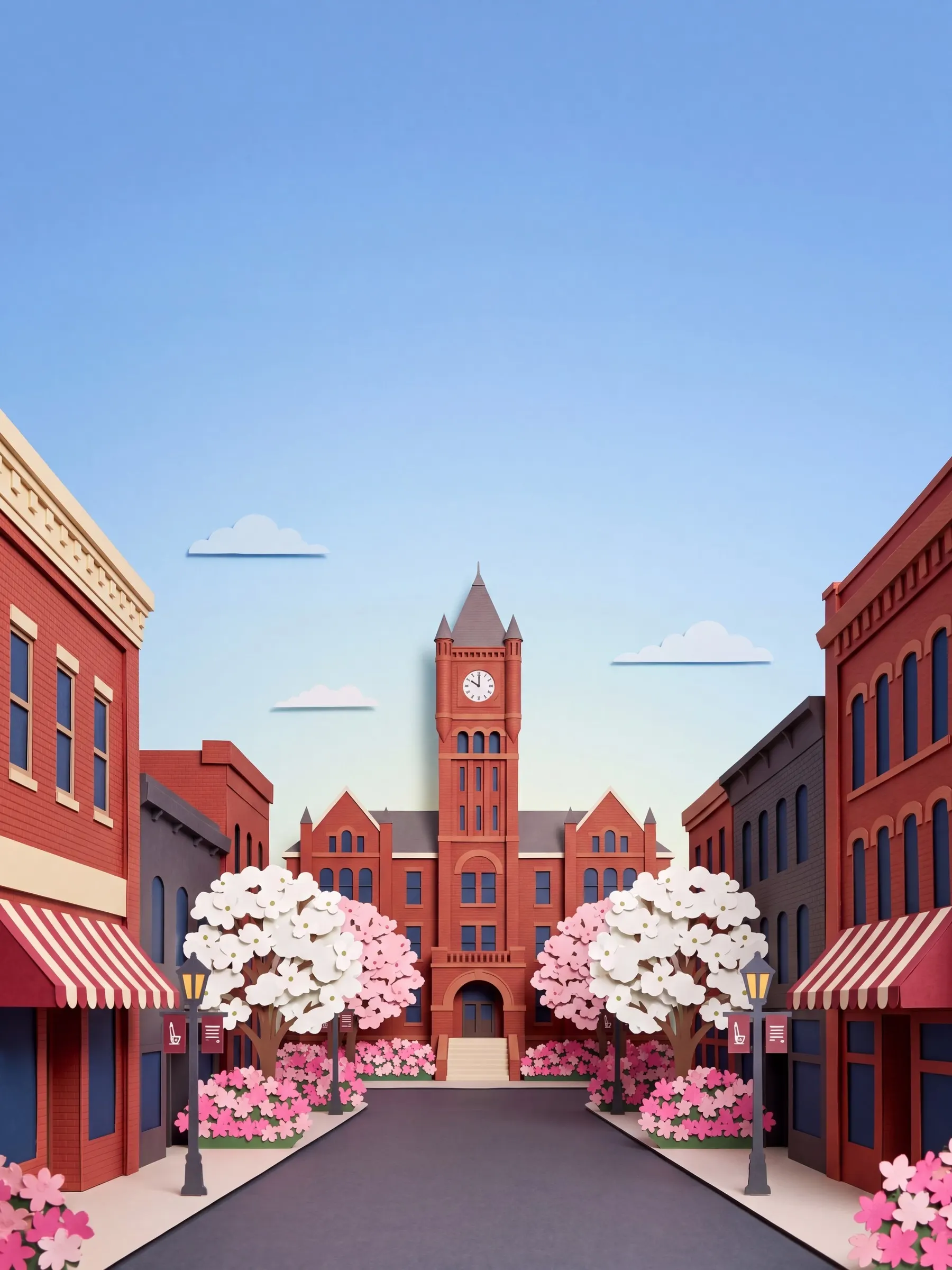 Cut-paper main street in Rock Hill with a brick clock tower, pink azaleas and white dogwoods.