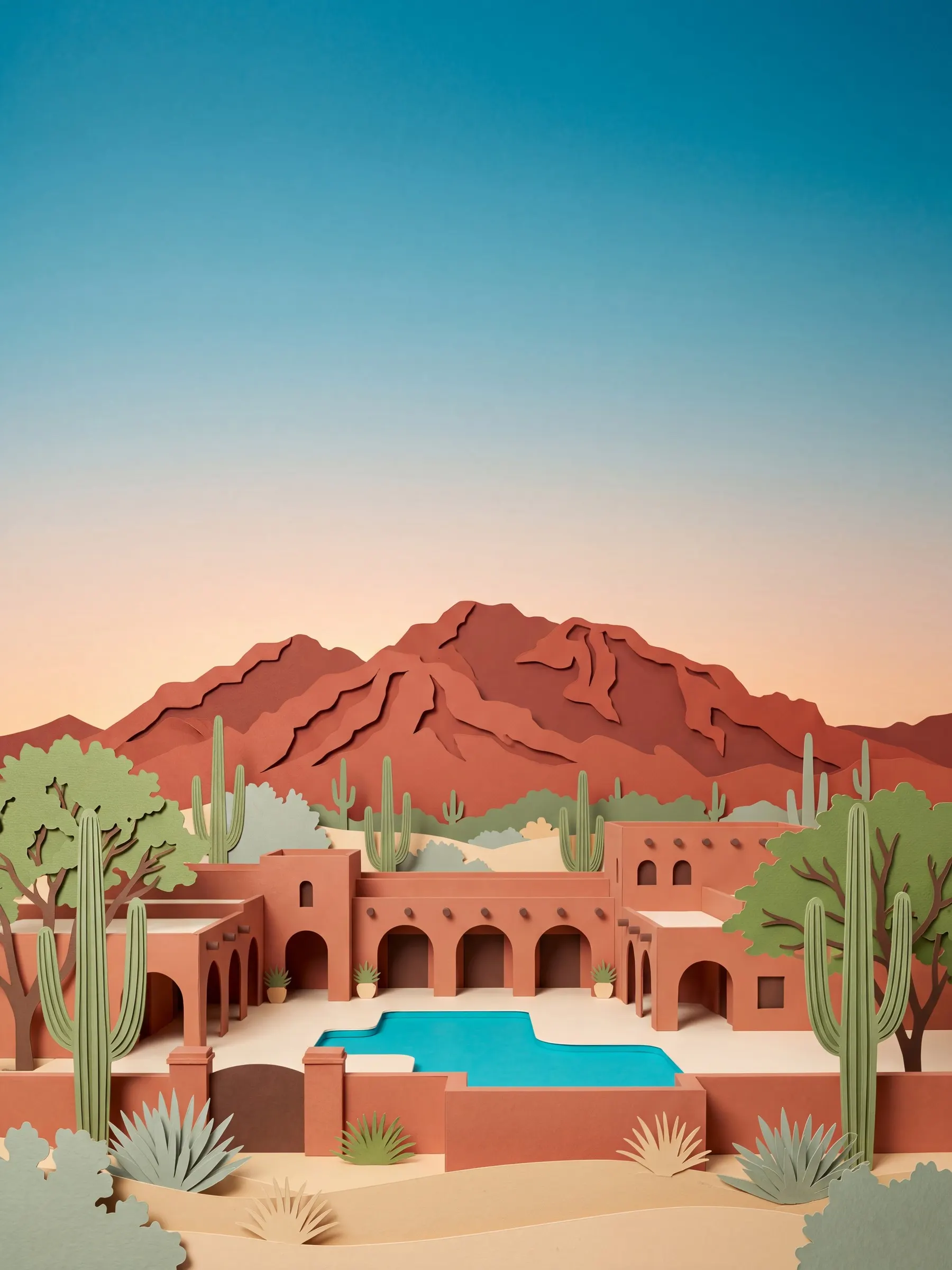 Cut-paper Scottsdale: Camelback Mountain's red ridge above saguaro cacti and an adobe resort with a turquoise pool.