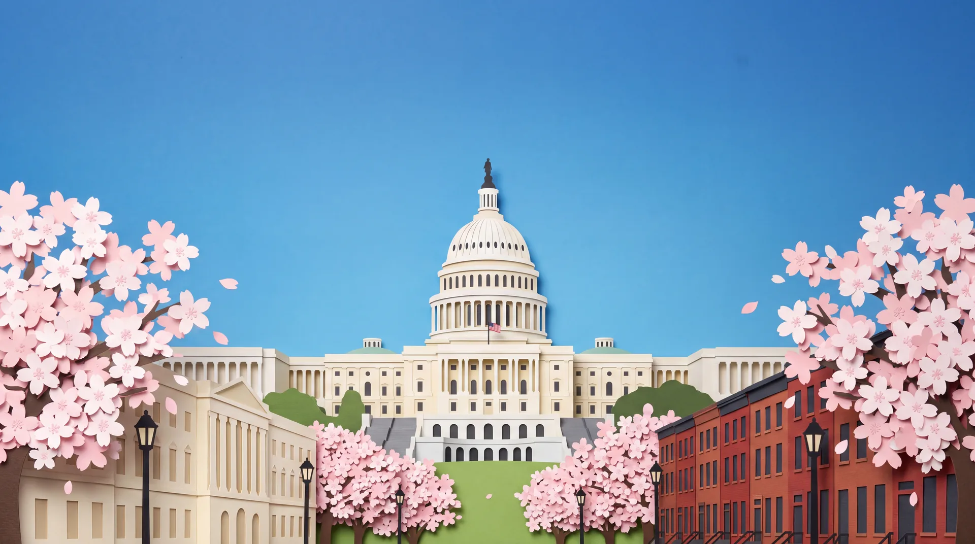 Cut-paper Washington, D.C.: the U.S. Capitol in spring, framed by cherry trees in bloom, with limestone buildings and red-brick rowhouses.