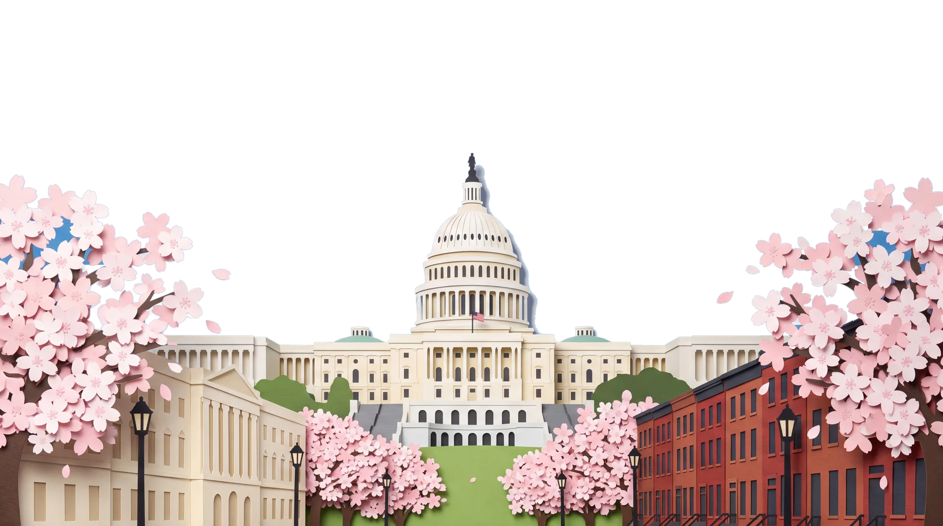 Cut-paper Washington, D.C.: the U.S. Capitol in spring, framed by cherry trees in bloom, with limestone buildings and red-brick rowhouses.
